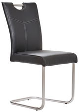 Moderner Freischwinger-Stuhl mit schwarzem Kunstlederbezug und Edelstahlgestell, seitliche Perspektive