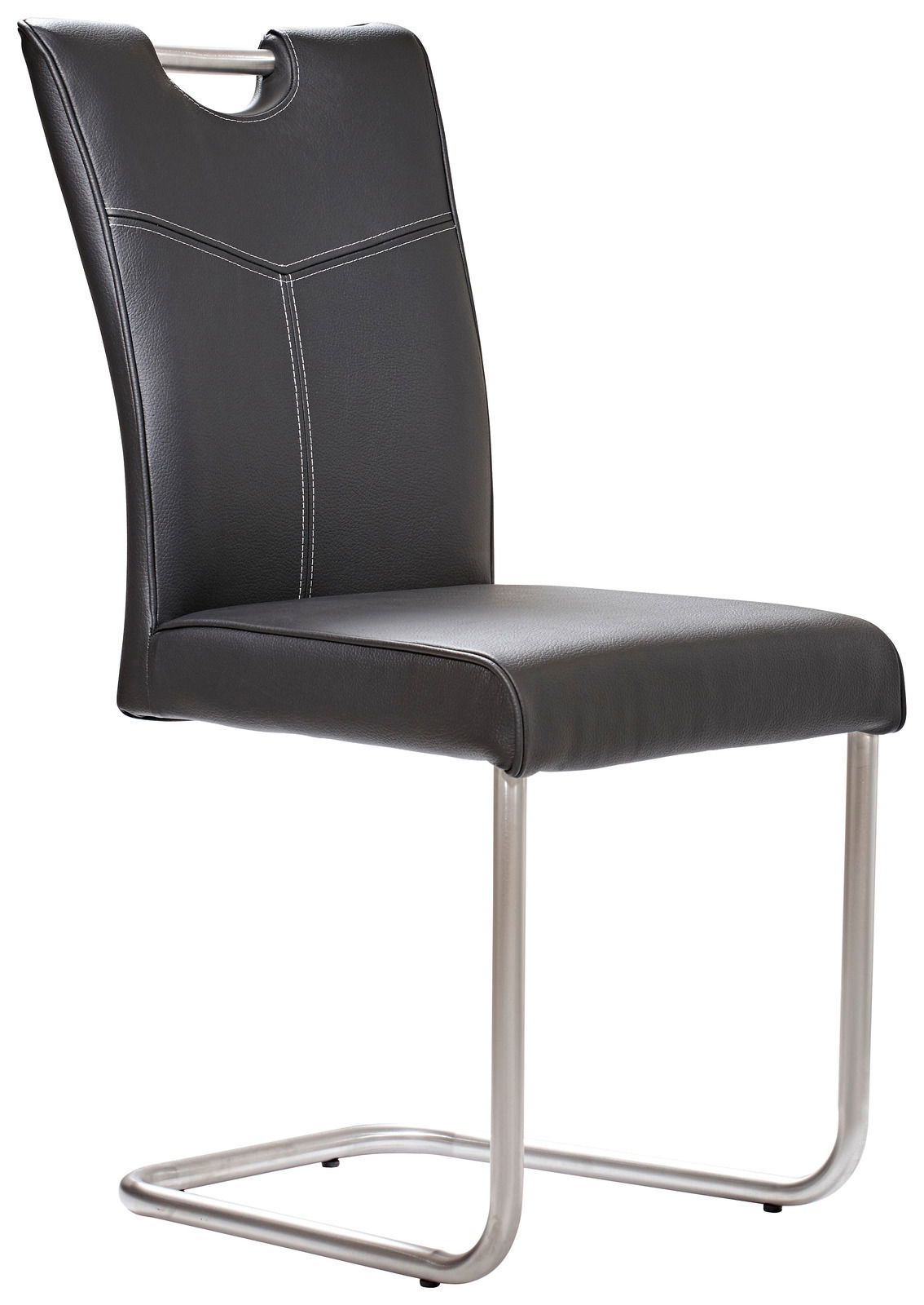Moderner Freischwinger-Stuhl mit schwarzem Kunstlederbezug und Edelstahlgestell, seitliche Perspektive