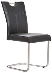 Moderner Freischwinger-Stuhl mit schwarzem Kunstlederbezug und Edelstahlgestell, seitliche Perspektive