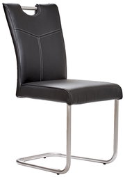 Moderner Freischwinger-Stuhl mit schwarzem Kunstlederbezug und Edelstahlgestell, seitliche Perspektive