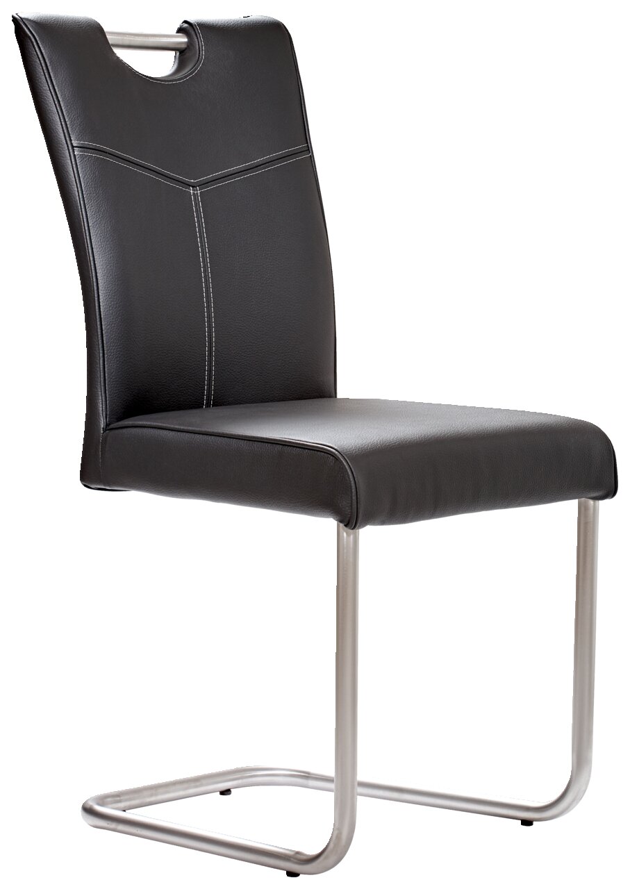 Moderner Freischwinger-Stuhl mit schwarzem Kunstlederbezug und Edelstahlgestell, seitliche Perspektive