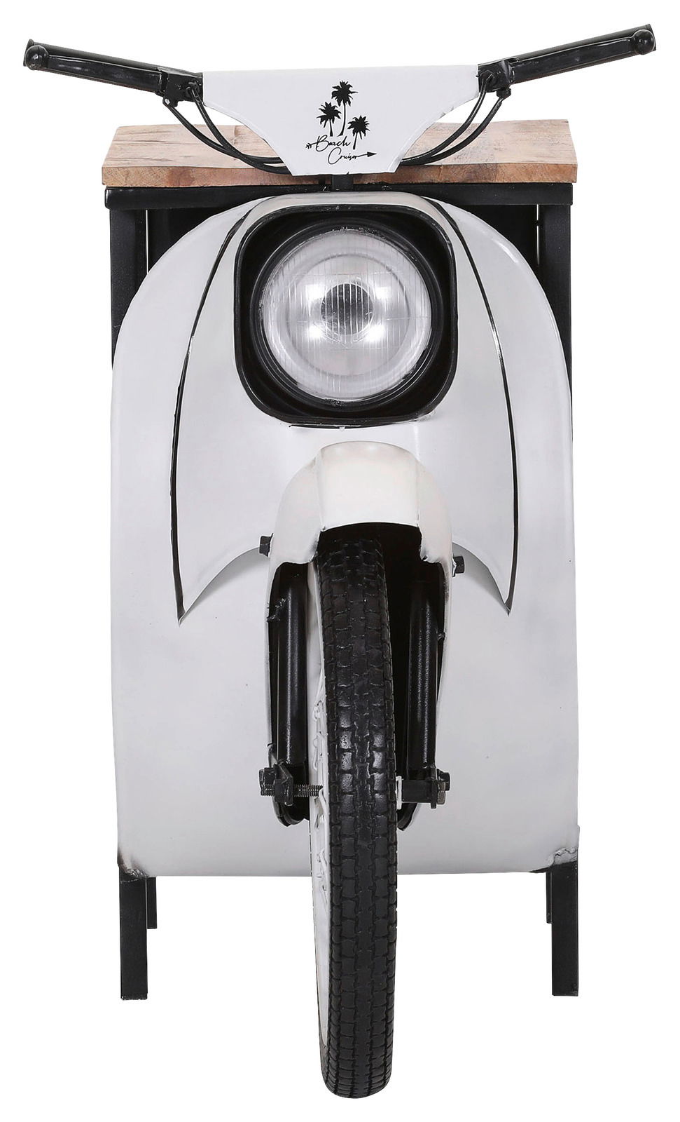 Frontansicht eines Regalelements im Design eines Vespa Rollers mit Lenker und Scheinwerfer.