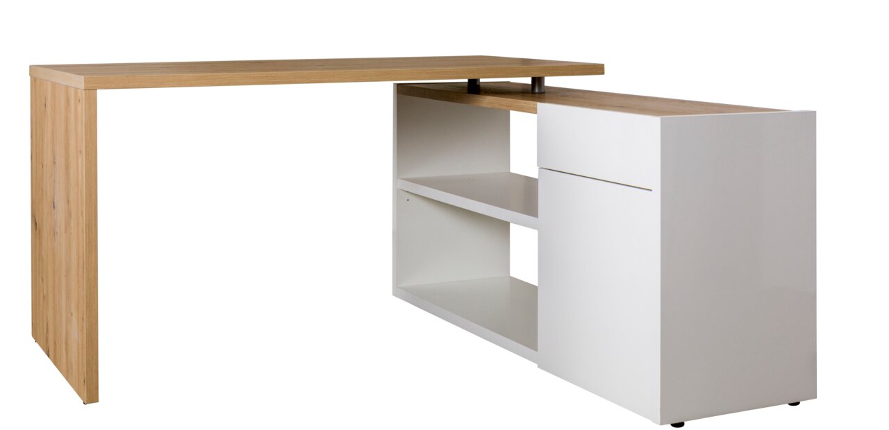 Moderner Eck-Schreibtisch mit Holz- und weißen Elementen, seitliche Perspektive