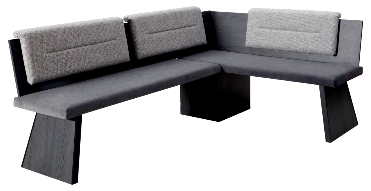 Eckbankgruppe Cantus UDINE in moderner Perspektive, mit grauem Stoffbezug und dunklem Holzgestell, seitliche Ansicht.