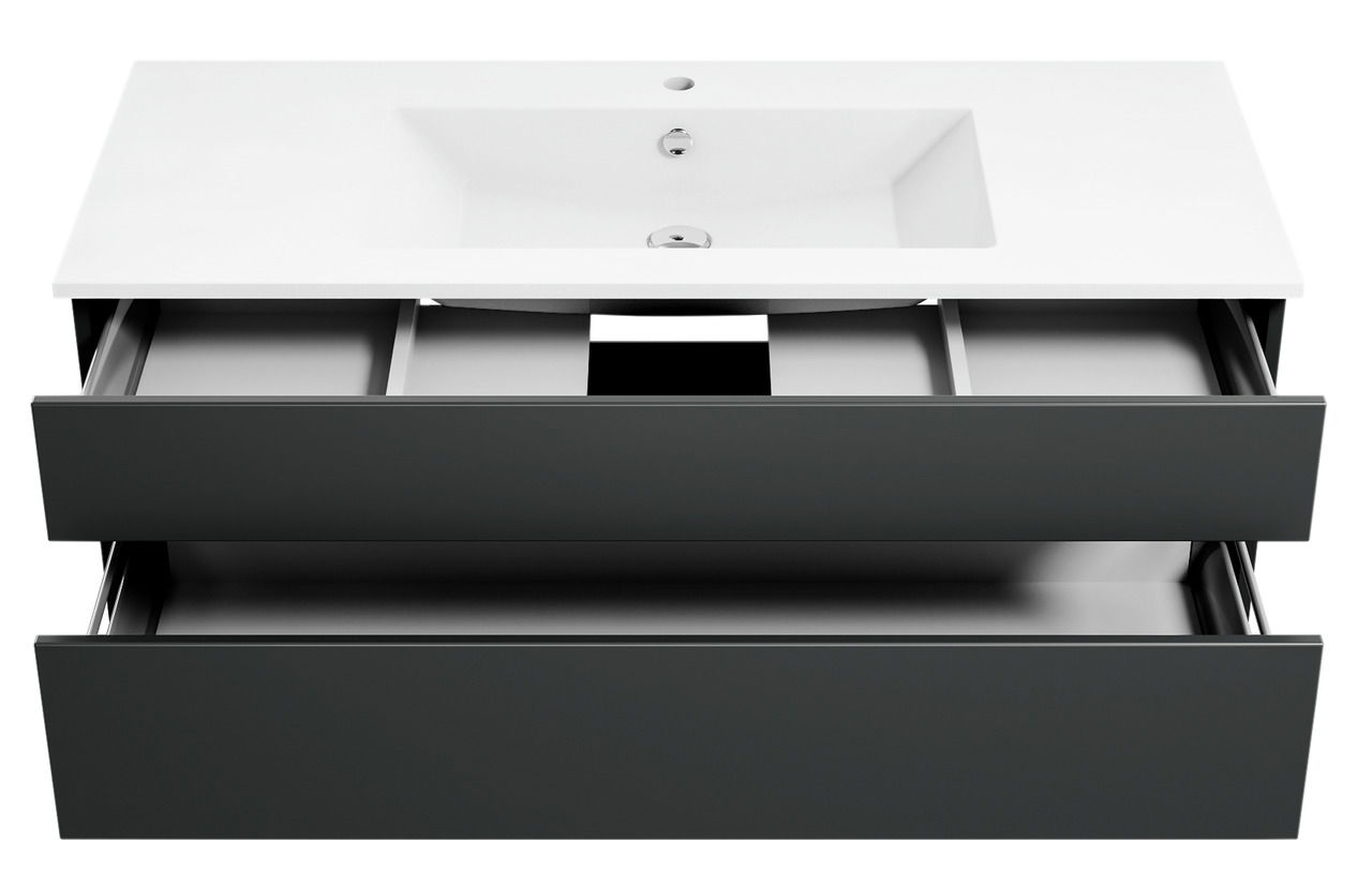 Moderne Badkombination mit weißem Waschbecken und zwei offenen Schubladen, Frontalansicht