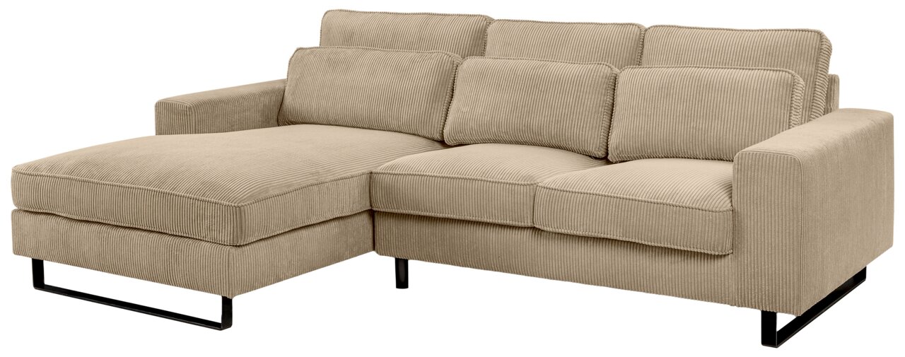 Beiges Sofa in L-Form mit linker Ausrichtung, aus geripptem Stoff, mit schwarzen Metallfüßen, seitliche Perspektive