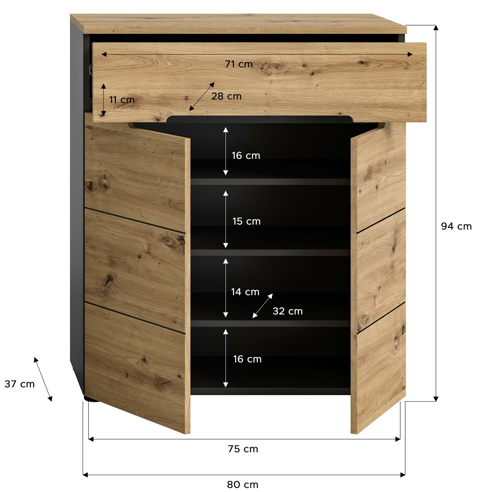 Schuhkommode aus Holz mit offenen Türen, zeigt mehrere Regalböden und eine Schublade, Frontansicht.