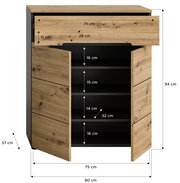 Schuhkommode aus Holz mit offenen Türen, zeigt mehrere Regalböden und eine Schublade, Frontansicht.
