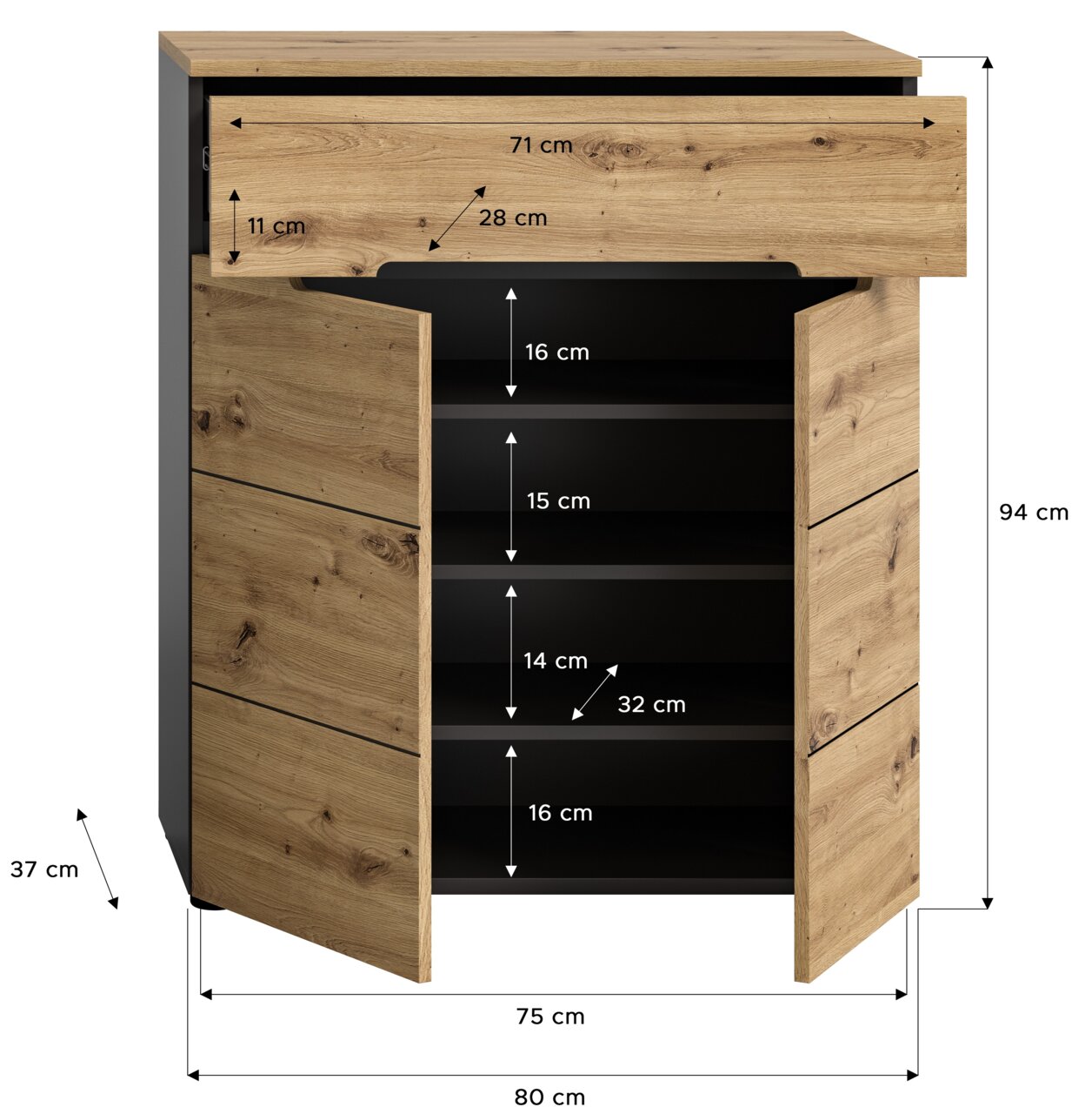 Schuhkommode aus Holz mit offenen Türen, zeigt mehrere Regalböden und eine Schublade, Frontansicht.