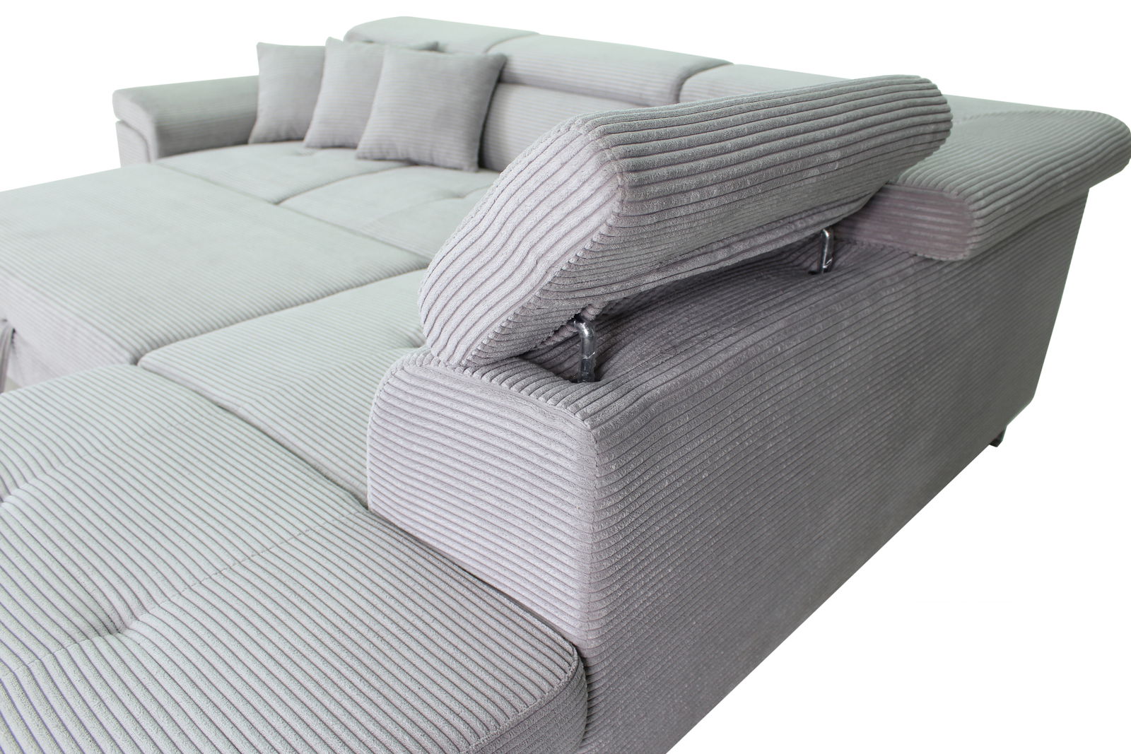 Graues Sofa mit verstellbarer Rückenlehne, seitliche Perspektive