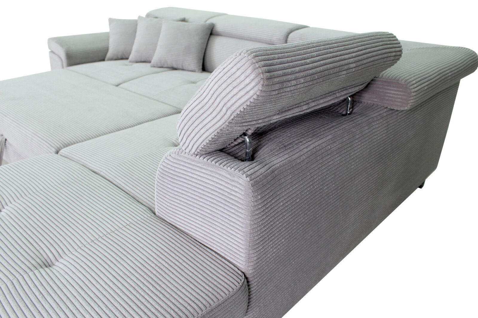 Graues Sofa mit verstellbarer Rückenlehne, seitliche Perspektive