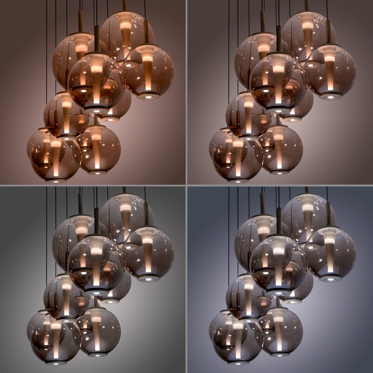 Moderne LED-Pendelleuchte mit mehreren kugelförmigen, rauchgrauen Glaskörpern, aus der Perspektive von unten betrachtet.