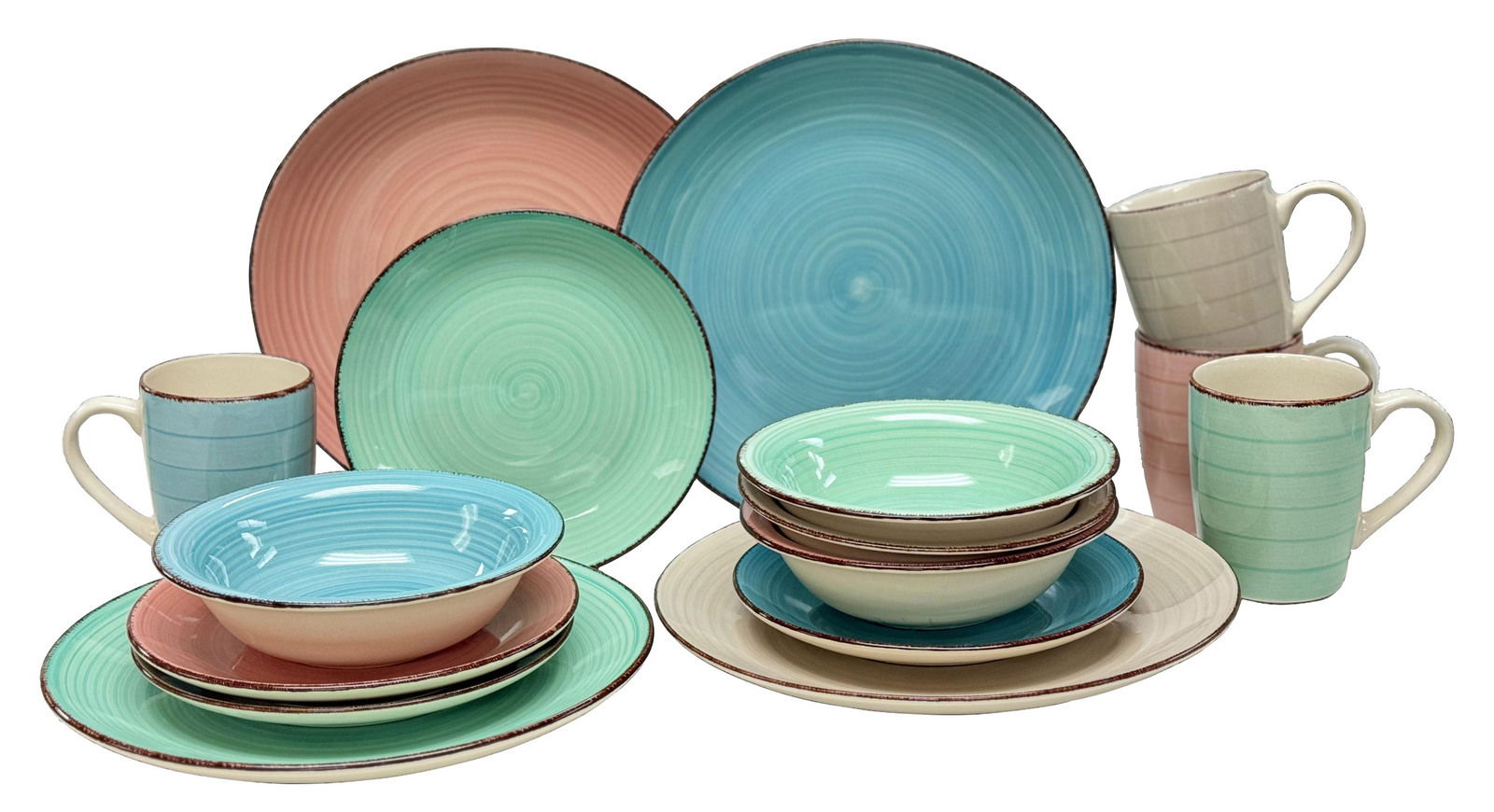 KEVOLI Kombiservice 16-tlg. SIENA Kombiservice 16-tlg. in Pastellfarben, bestehend aus Tellern, Schalen und Tassen, aus der Vorderansicht fotografiert.