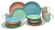 Kombiservice 16-tlg. in Pastellfarben, bestehend aus Tellern, Schalen und Tassen, aus der Vorderansicht fotografiert.