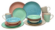 Kombiservice 16-tlg. in Pastellfarben, bestehend aus Tellern, Schalen und Tassen, aus der Vorderansicht fotografiert.