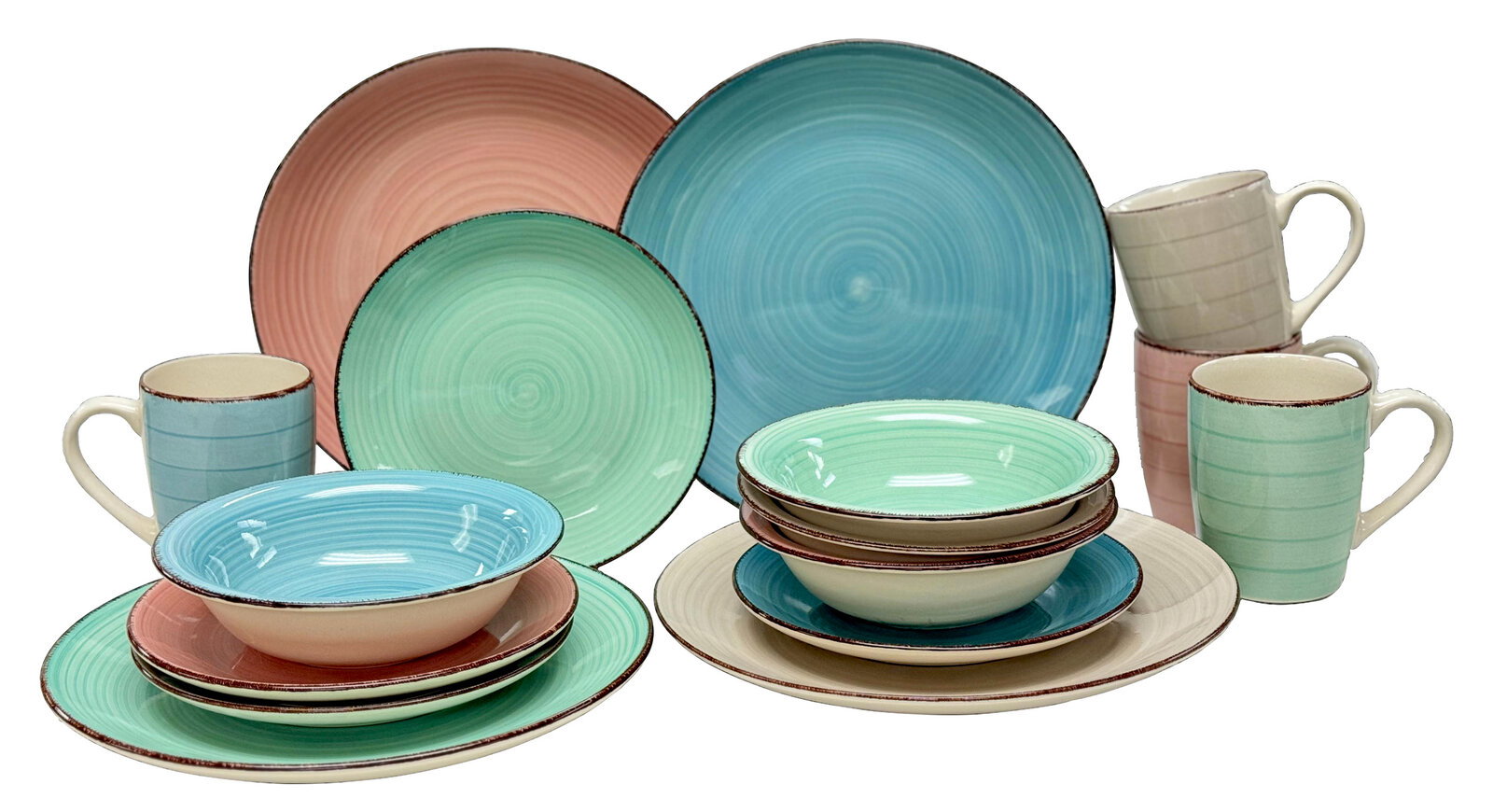 Kombiservice 16-tlg. in Pastellfarben, bestehend aus Tellern, Schalen und Tassen, aus der Vorderansicht fotografiert.