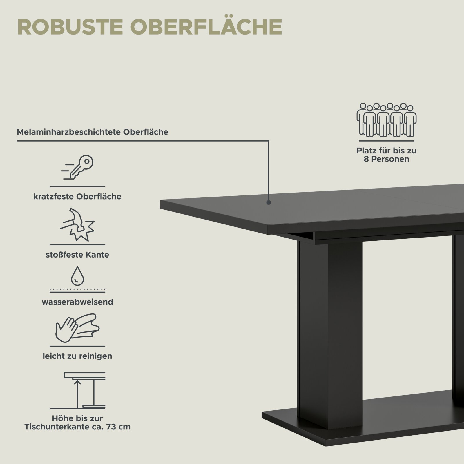 Moderner Esstisch mit robuster, melaminharzbeschichteter Oberfläche, kratzfest, stoßfest, wasserabweisend und leicht zu reinigen. Platz für bis zu 8 Personen. Seitenansicht.