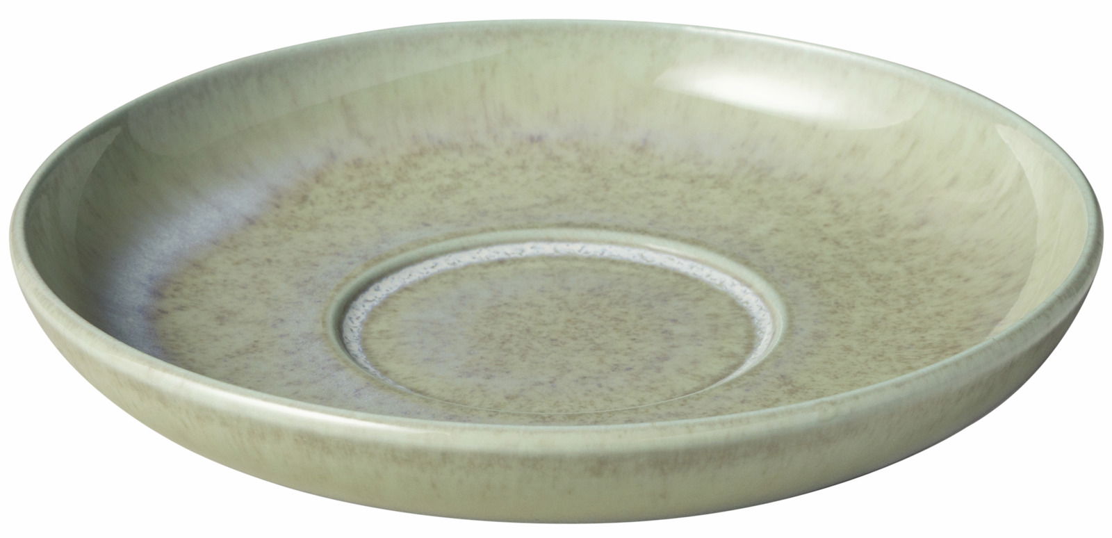 Espressountertasse aus Keramik in sanftem Grün mit gesprenkeltem Muster, seitliche Perspektive