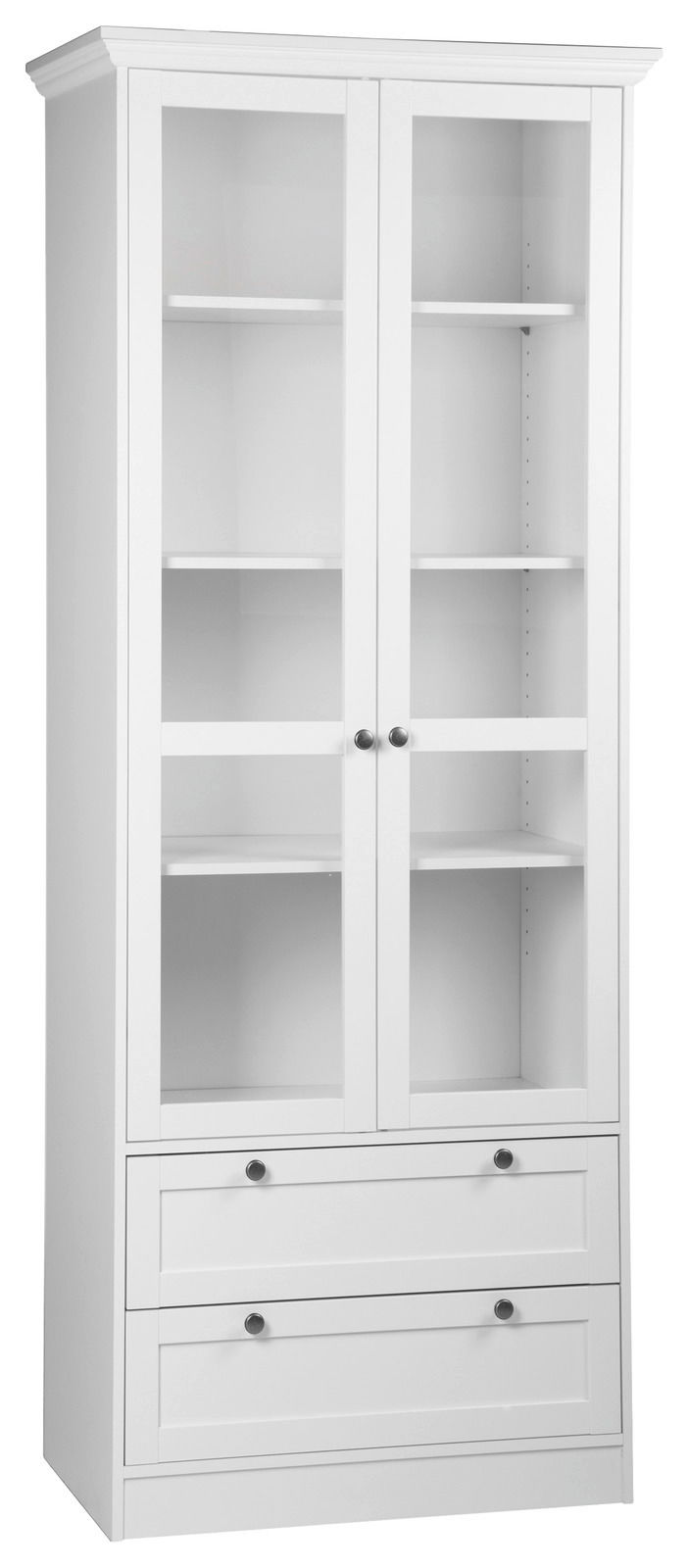 Weiße Vitrine mit Glastüren und Schubladen, frontal fotografiert.