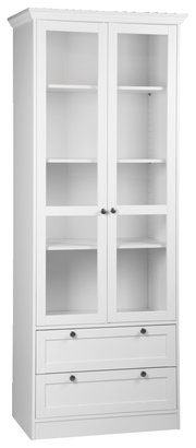 Weiße Vitrine mit Glastüren und Schubladen, frontal fotografiert.