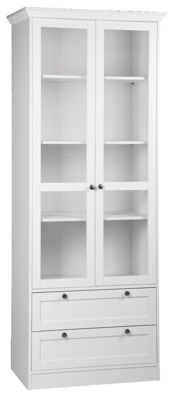 Weiße Vitrine mit Glastüren und Schubladen, frontal fotografiert.