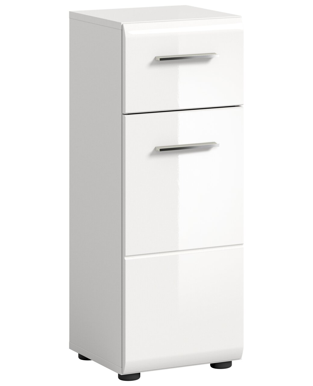Weißer Standschrank mit zwei Schubladen und einer Tür, perspektivisch von vorne links fotografiert.