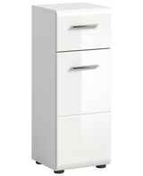 Weißer Standschrank mit zwei Schubladen und einer Tür, perspektivisch von vorne links fotografiert.