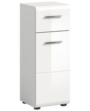 Weißer Standschrank mit zwei Schubladen und einer Tür, perspektivisch von vorne links fotografiert.