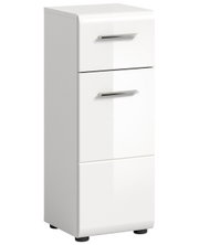 Weißer Standschrank mit zwei Schubladen und einer Tür, perspektivisch von vorne links fotografiert.