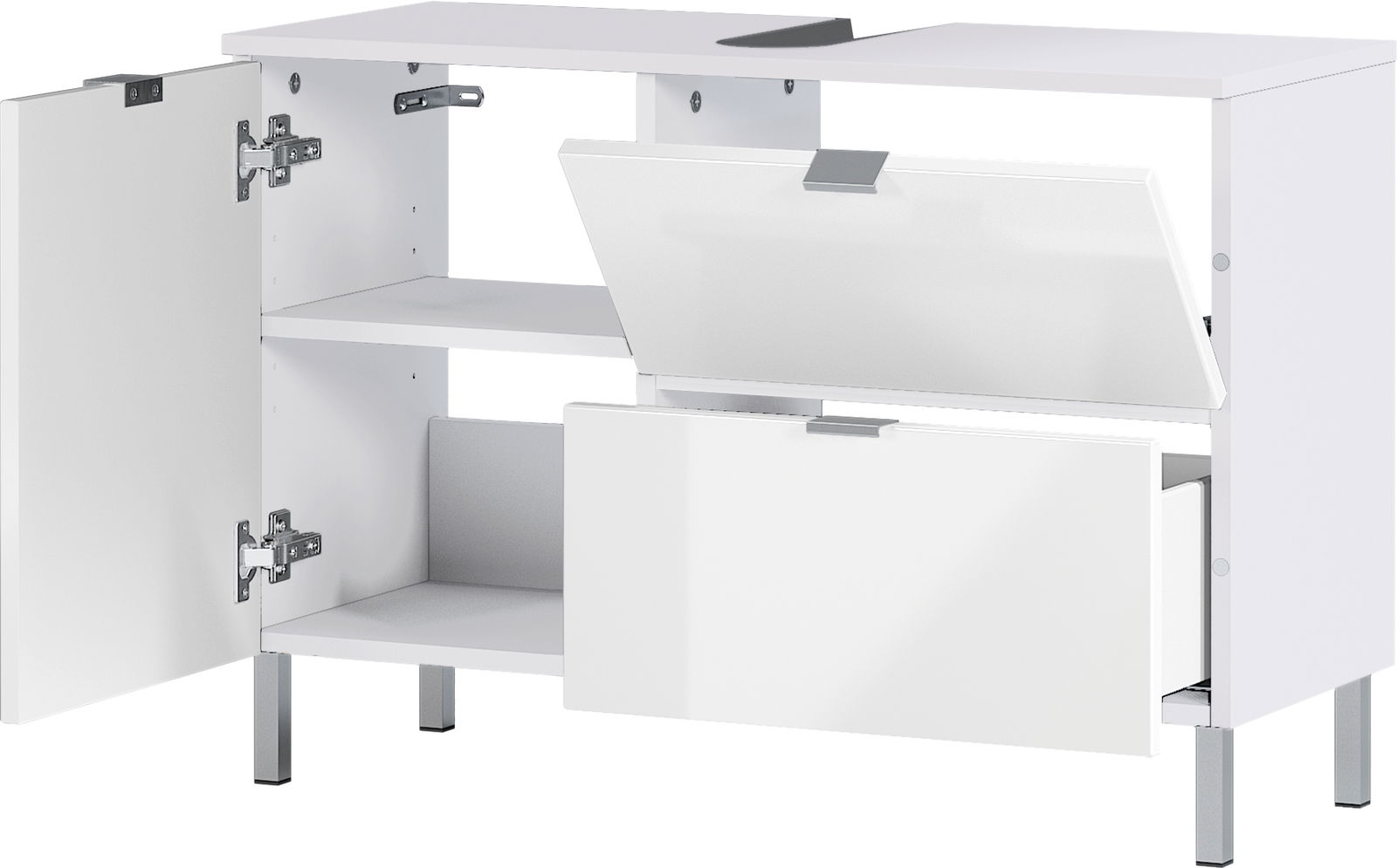 MID.YOU Waschtischunterschrank MAURESA Weißer Unterschrank mit mehreren offenen Türen und Schubladen, perspektivisch von vorne rechts betrachtet.