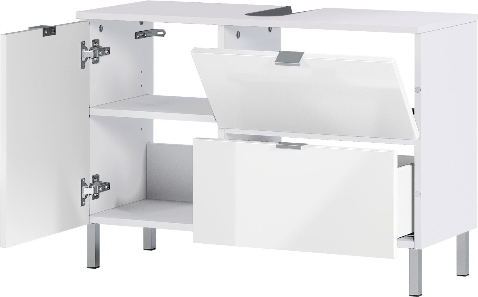 Weißer Unterschrank mit mehreren offenen Türen und Schubladen, perspektivisch von vorne rechts betrachtet.
