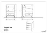 Technische Zeichnung eines Rollcontainers mit drei Schubladen, auf Rollen, in der Seiten- und Frontalansicht. Maße: Breite 40 cm, Höhe 63 cm, Tiefe 50 cm.