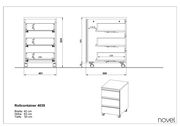 Technische Zeichnung eines Rollcontainers mit drei Schubladen, auf Rollen, in der Seiten- und Frontalansicht. Maße: Breite 40 cm, Höhe 63 cm, Tiefe 50 cm.