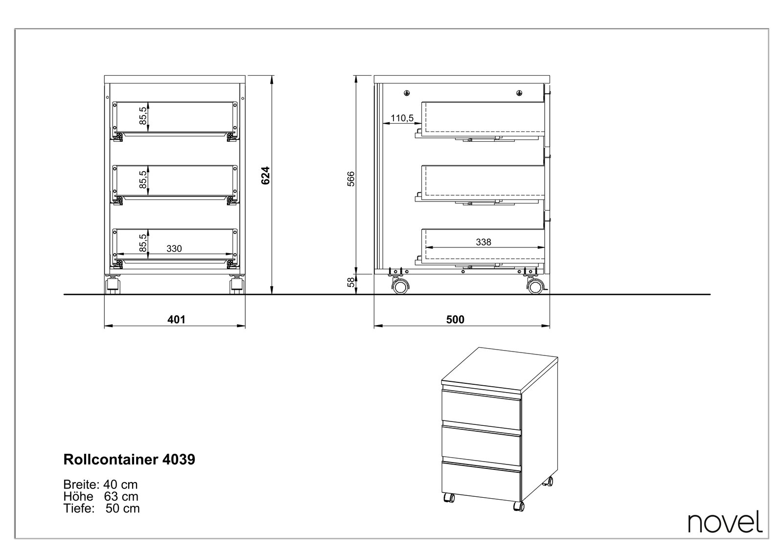 Technische Zeichnung eines Rollcontainers mit drei Schubladen, auf Rollen, in der Seiten- und Frontalansicht. Maße: Breite 40 cm, Höhe 63 cm, Tiefe 50 cm.