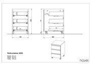 Technische Zeichnung eines Rollcontainers mit drei Schubladen, auf Rollen, in der Seiten- und Frontalansicht. Maße: Breite 40 cm, Höhe 63 cm, Tiefe 50 cm.