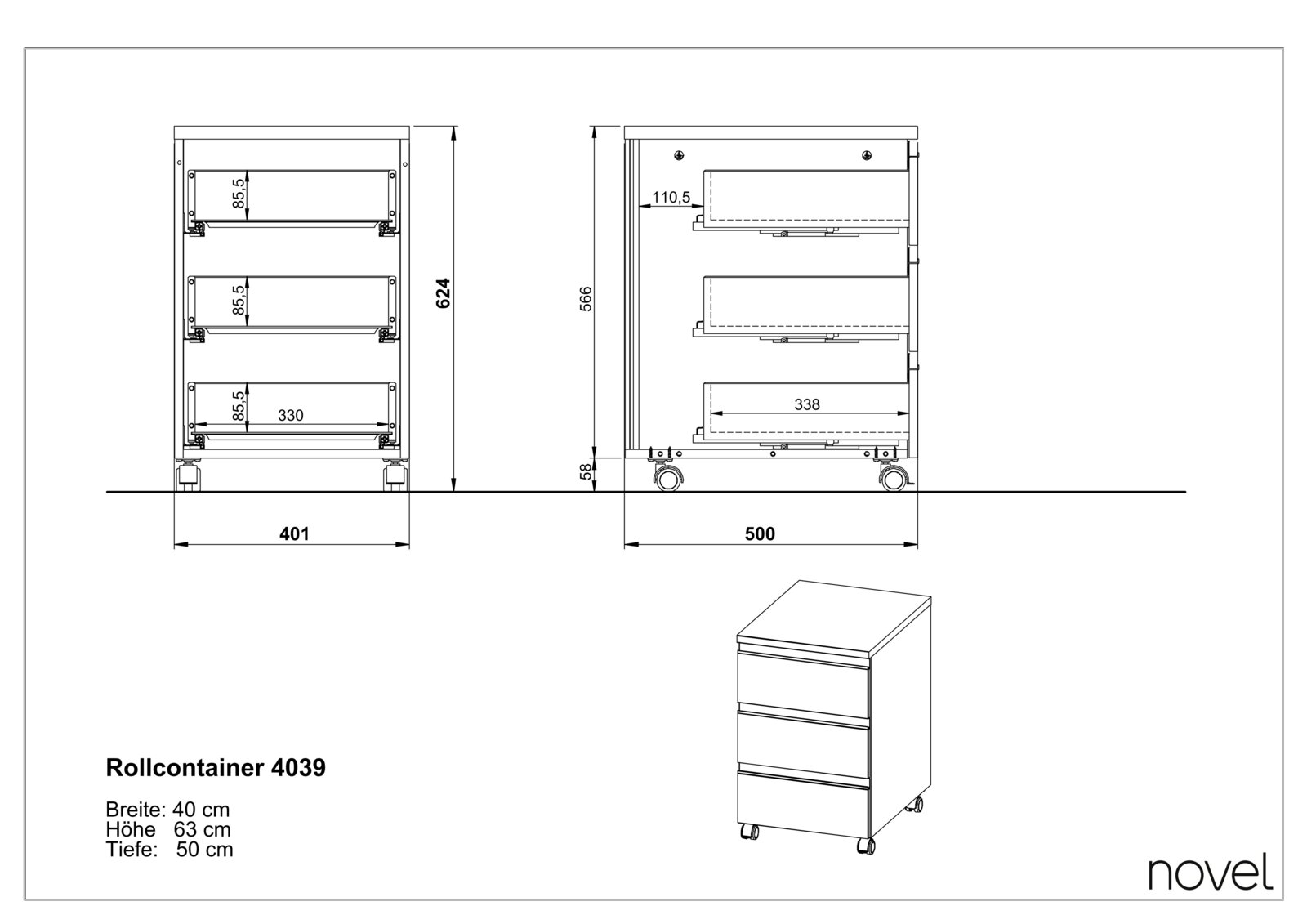Technische Zeichnung eines Rollcontainers mit drei Schubladen, auf Rollen, in der Seiten- und Frontalansicht. Maße: Breite 40 cm, Höhe 63 cm, Tiefe 50 cm.