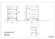 Technische Zeichnung eines Rollcontainers mit drei Schubladen, auf Rollen, in der Seiten- und Frontalansicht. Maße: Breite 40 cm, Höhe 63 cm, Tiefe 50 cm.