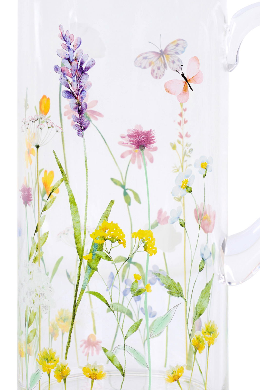 Glas mit buntem Blumen- und Schmetterlingsmuster, seitliche Perspektive