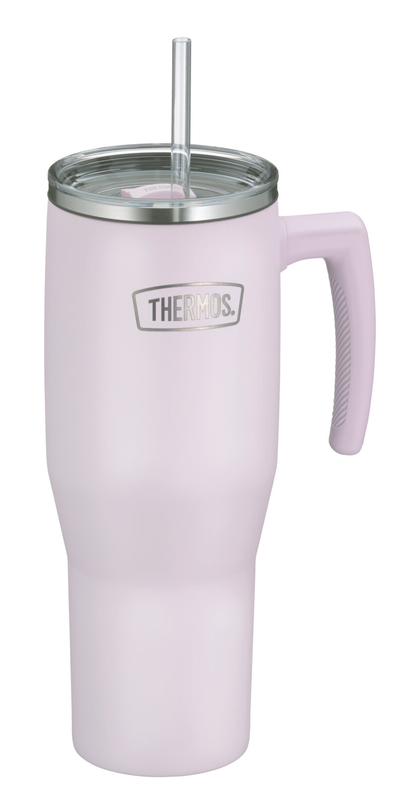 Lichtroze Thermos-isoleerbeker met handvat, transparant deksel en rietje, schuin van voren en iets van boven afgebeeld