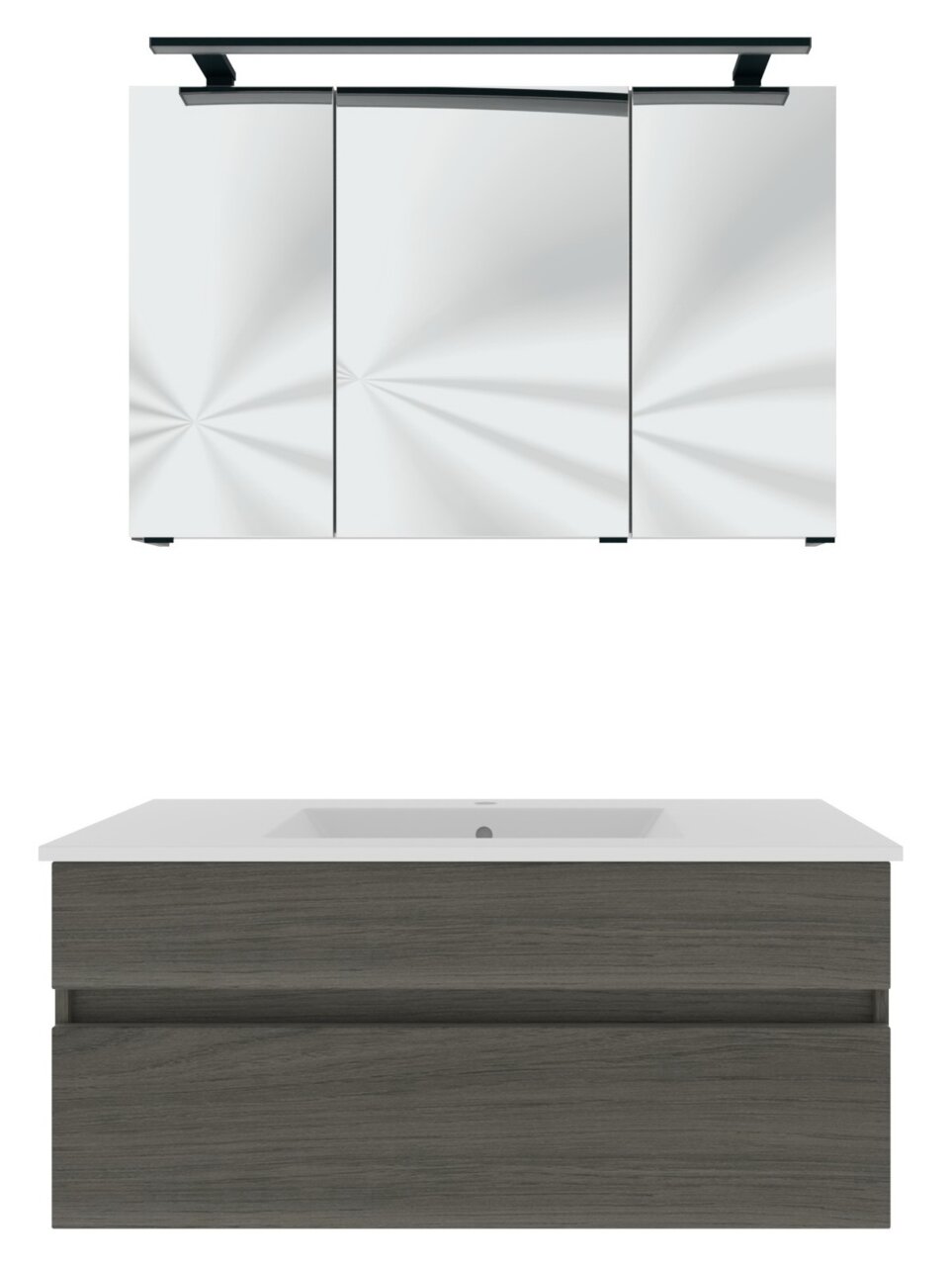 Moderner Badblock mit Spiegelschrank und Waschbeckenunterschrank in Holzoptik, Frontalansicht