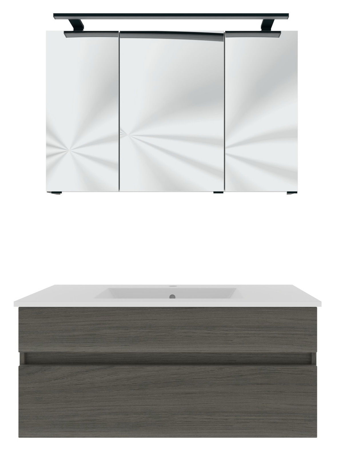 Moderner Badblock mit Spiegelschrank und Waschbeckenunterschrank in Holzoptik, Frontalansicht