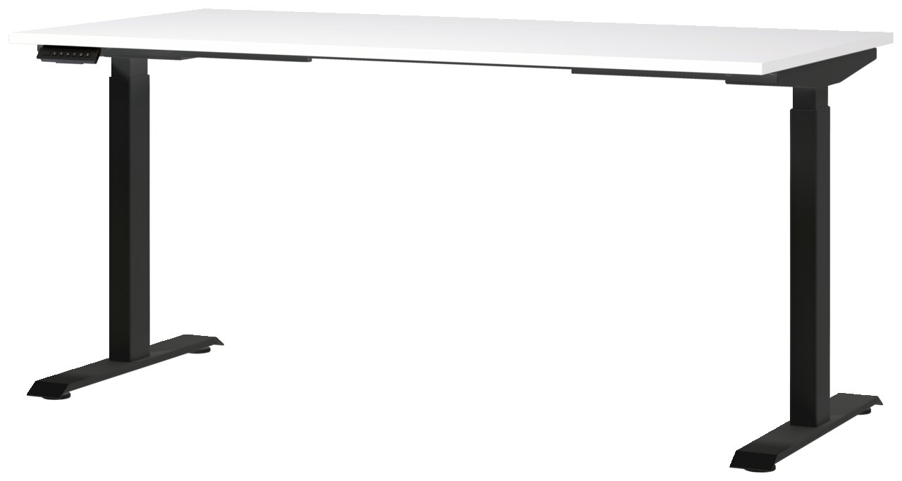 Moderner E-Schreibtisch 160x80 cm mit weißer Tischplatte und schwarzem Gestell, seitliche Perspektive
