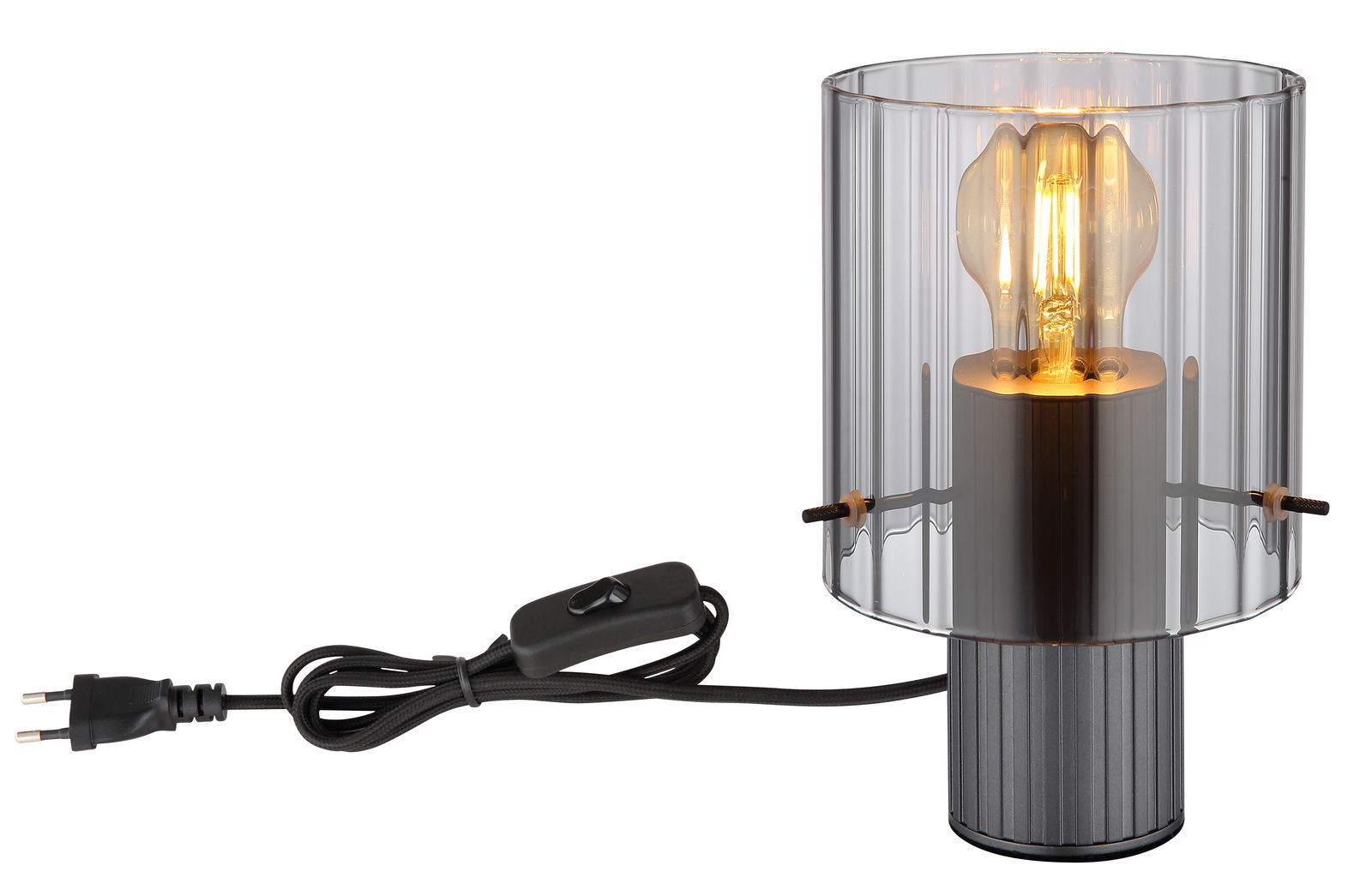 Tischleuchte TULIVAR mit transparentem Lampenschirm und sichtbarer Glühbirne, seitliche Perspektive