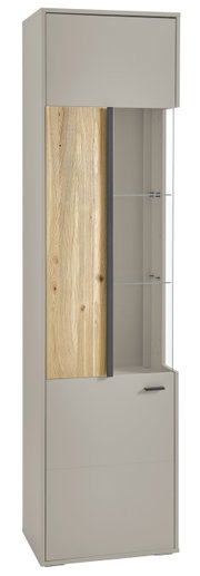 Vitrine met houten en glazen elementen, vooraanzicht