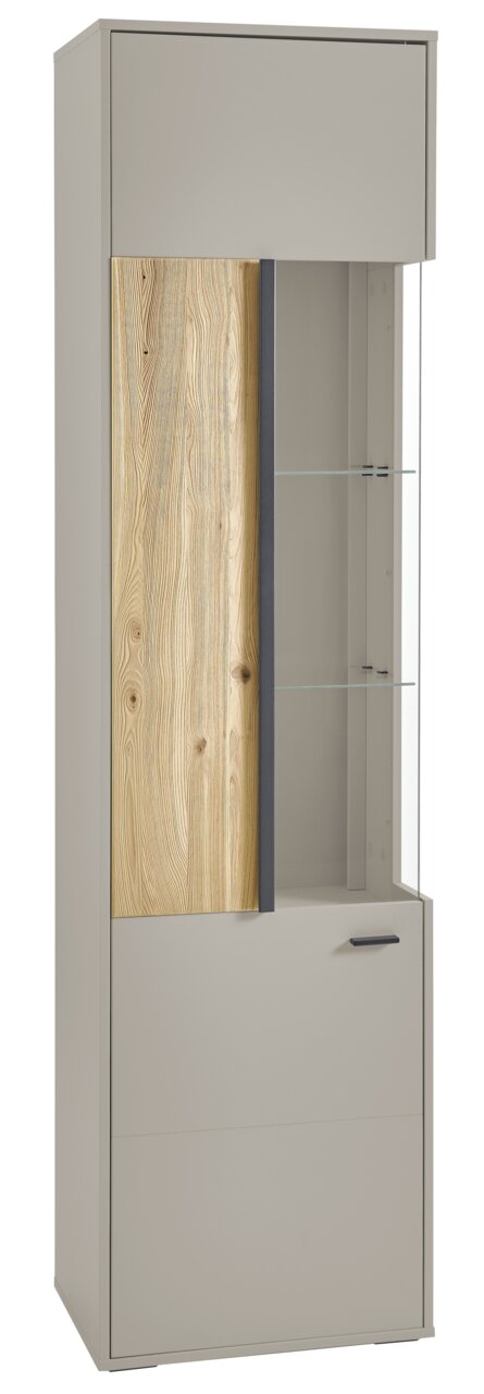 Vitrine met houten en glazen elementen, vooraanzicht