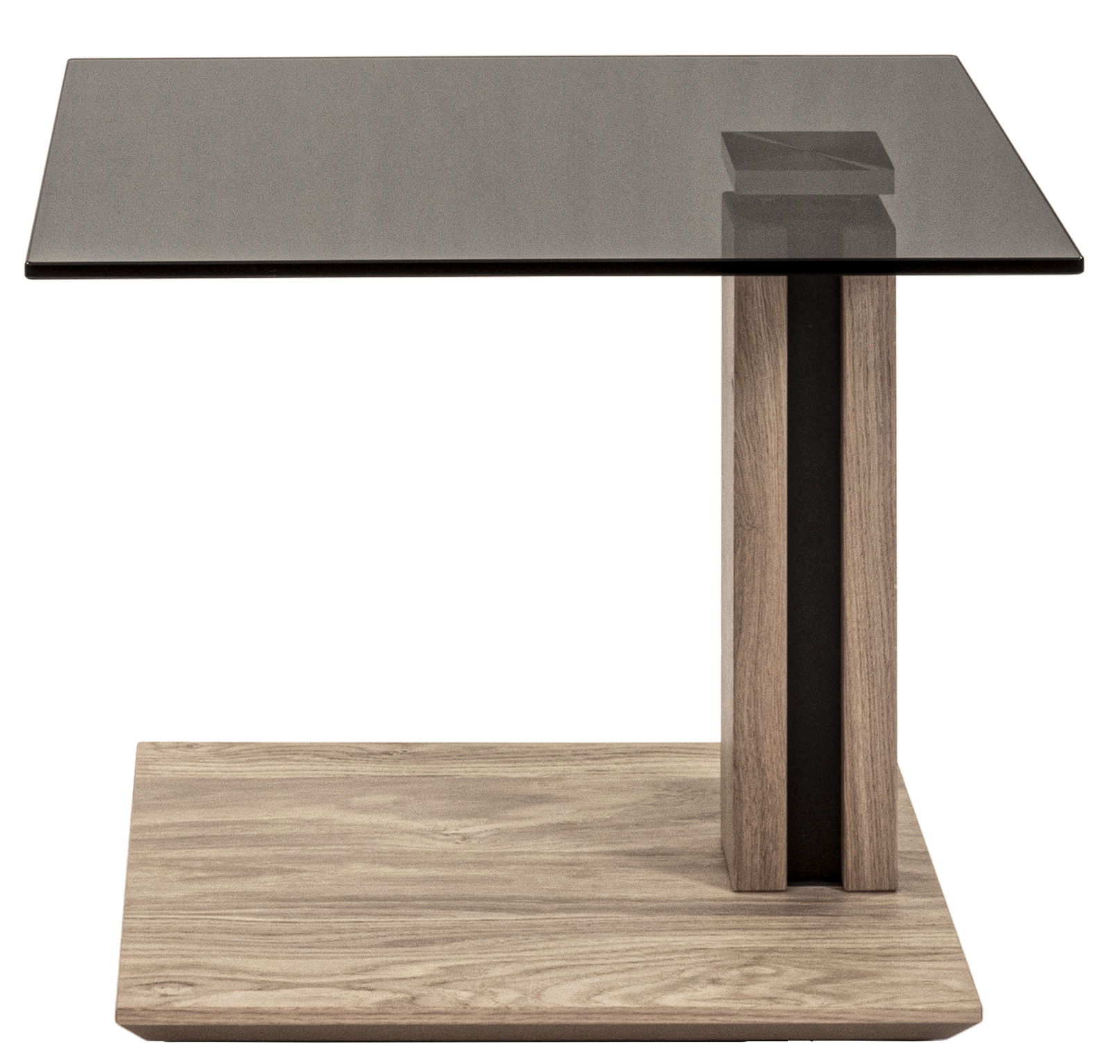 Moderner Beistelltisch mit Glasplatte und Holzfuß, Seitenansicht