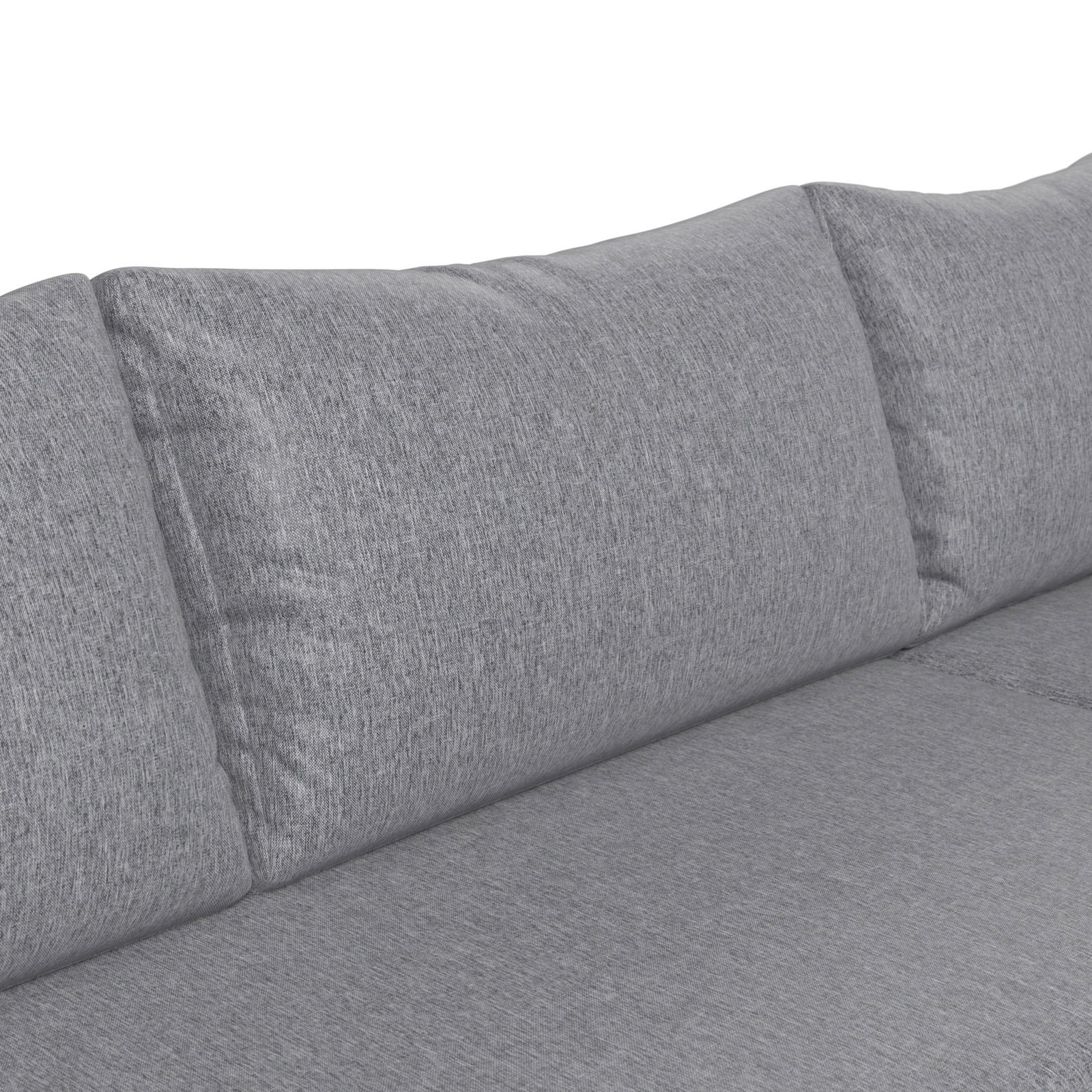 Nahaufnahme eines grauen Lounge-Sofas mit weichen Kissen, seitliche Perspektive.