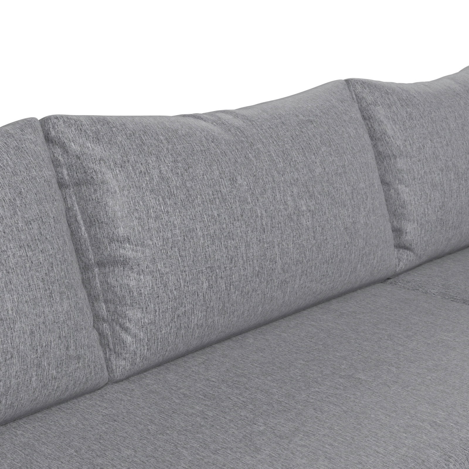 Nahaufnahme eines grauen Lounge-Sofas mit weichen Kissen, seitliche Perspektive.