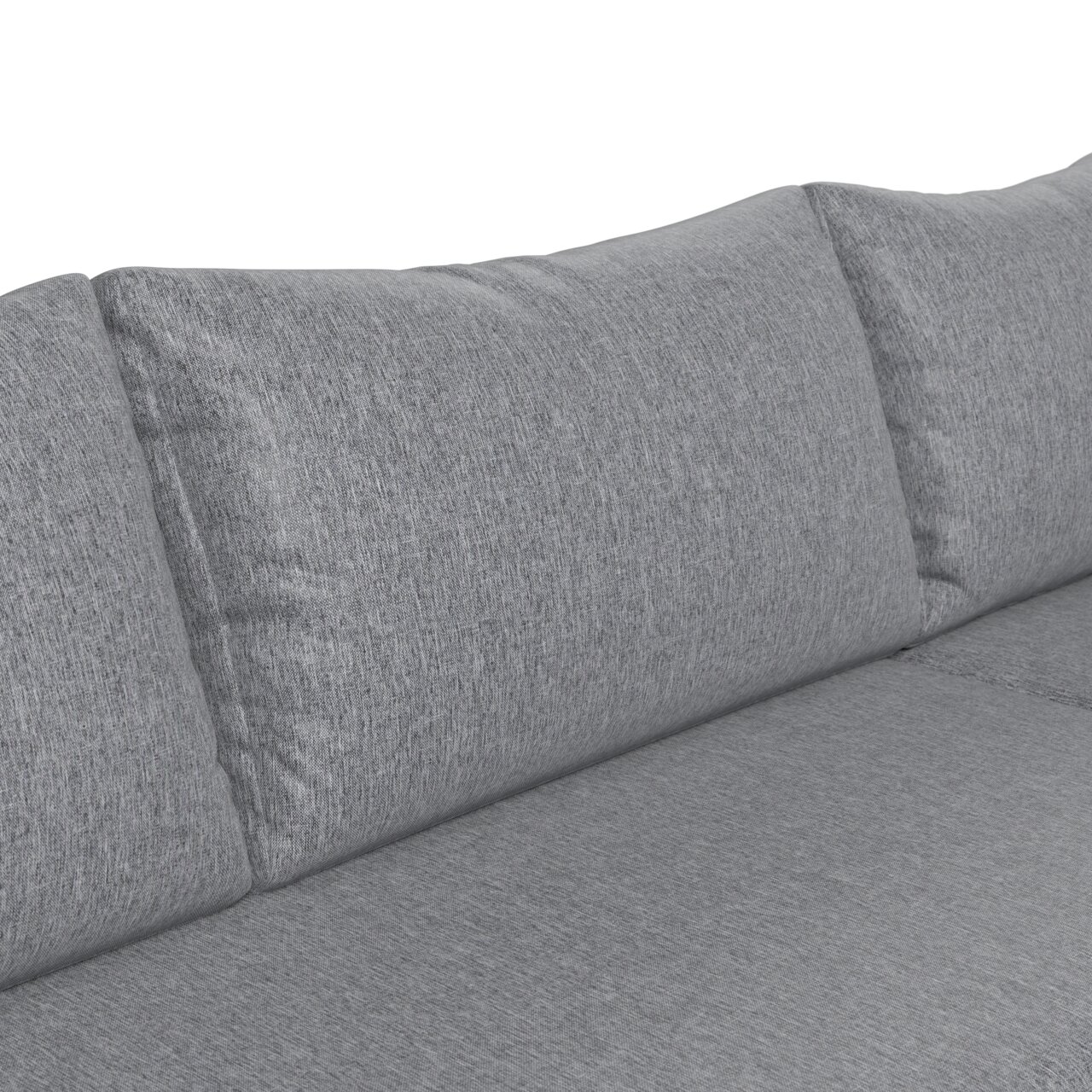 Nahaufnahme eines grauen Lounge-Sofas mit weichen Kissen, seitliche Perspektive.