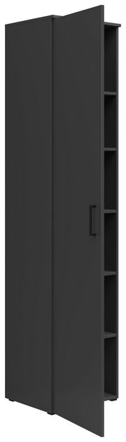 Schwarzer Mehrzweckschrank mit geöffneter Tür, seitliche Perspektive, zeigt mehrere Regalfächer.